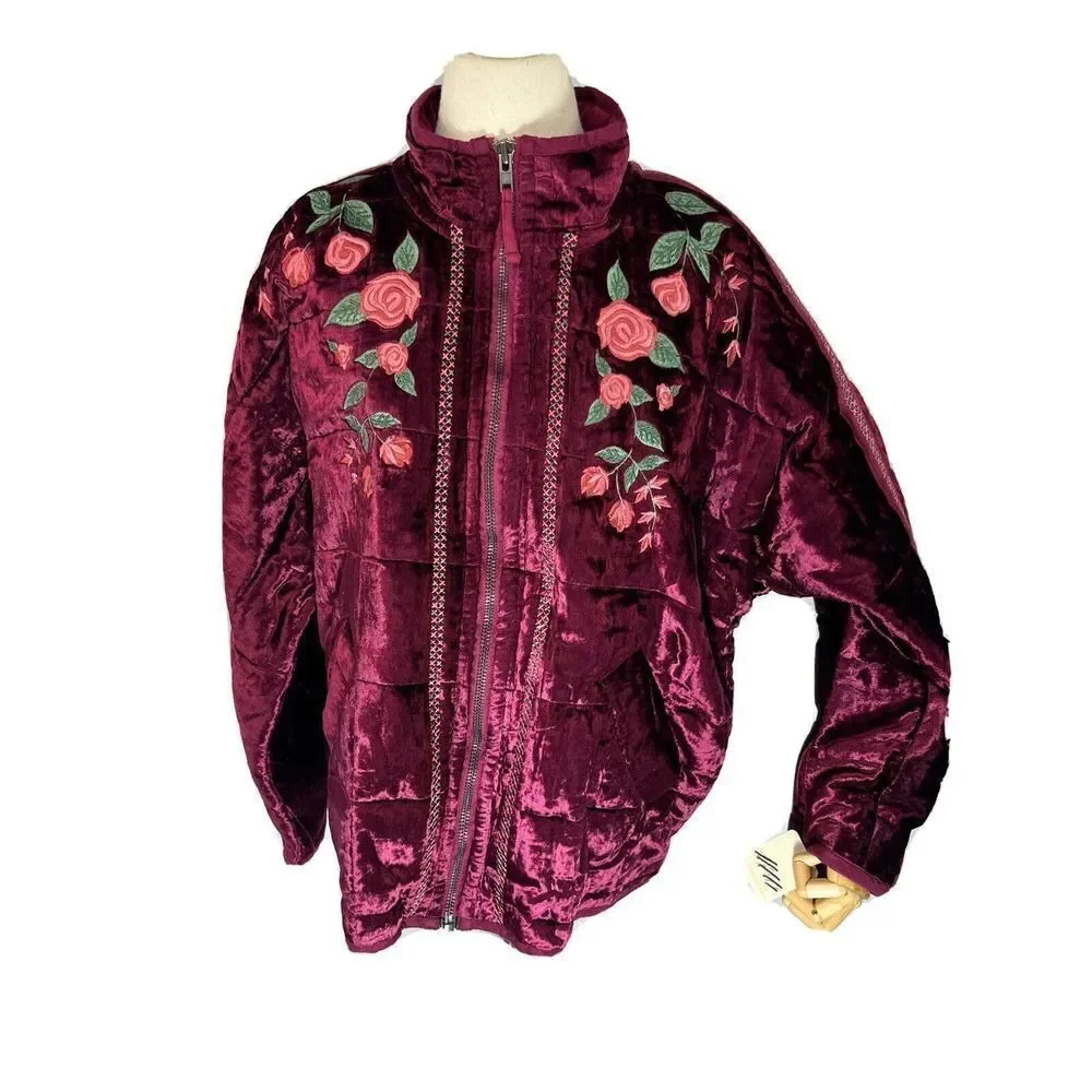 Free People x Anna Sui Rose Garden Velvet Embroidery Dolman Quilted Jacket New M